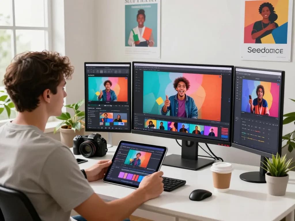 Creative setup of a content creator using seedance ai for video generation in a bright studio.