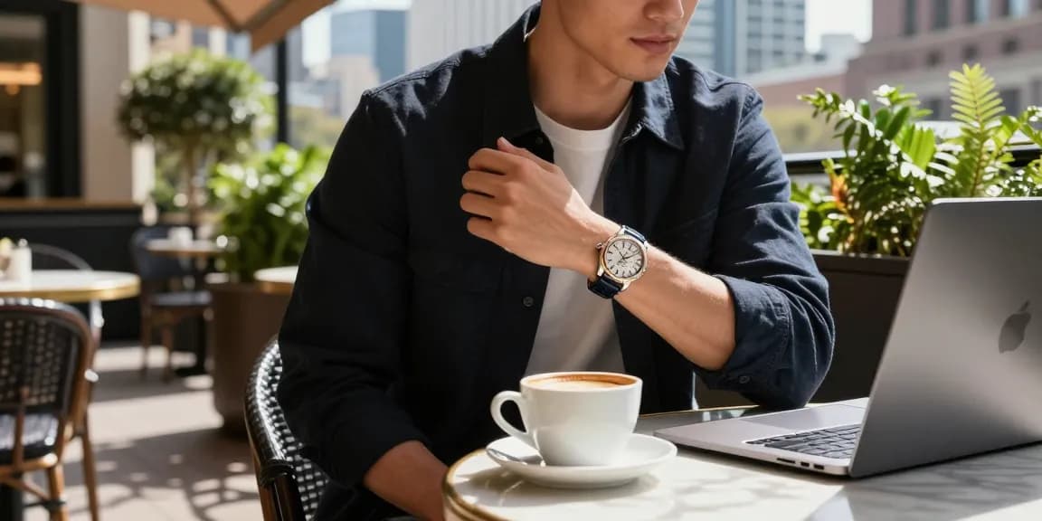 Stylish individual showcasing a replica watch at a chic cafe.