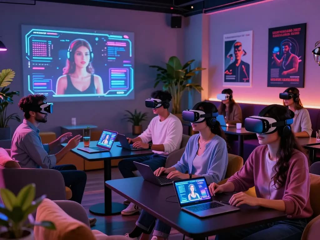 Participants engaging in lively ai porn chat via VR headsets and holographic displays.