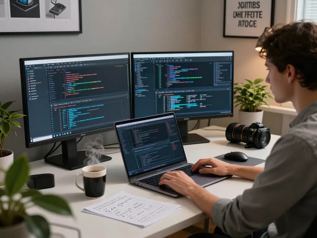 Molt bot in action at a sleek development workspace, showcasing multiple coding monitors and productivity tools.