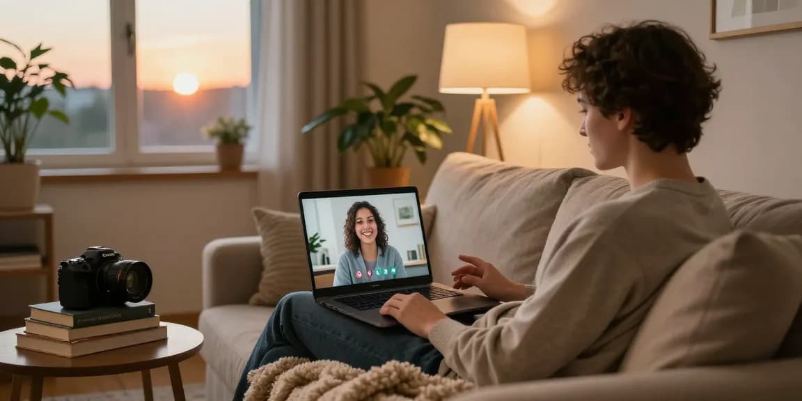 Engaging in a video chat with an AI girlfriend in a cozy home setting