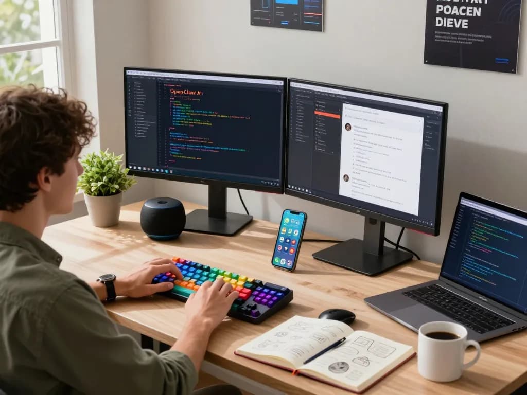Developer at tech workspace optimizing clawbot with multiple monitors and communication apps.
