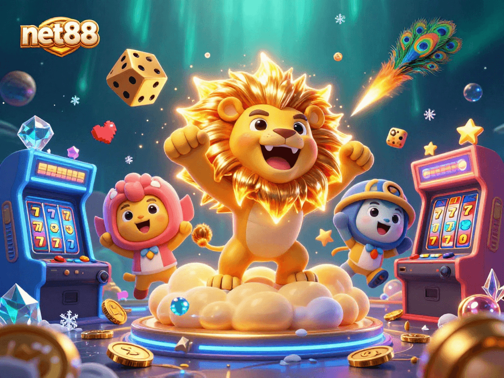 Experience net88 with a 3D cartoon lion, vibrant slots, and dynamic casino action.
