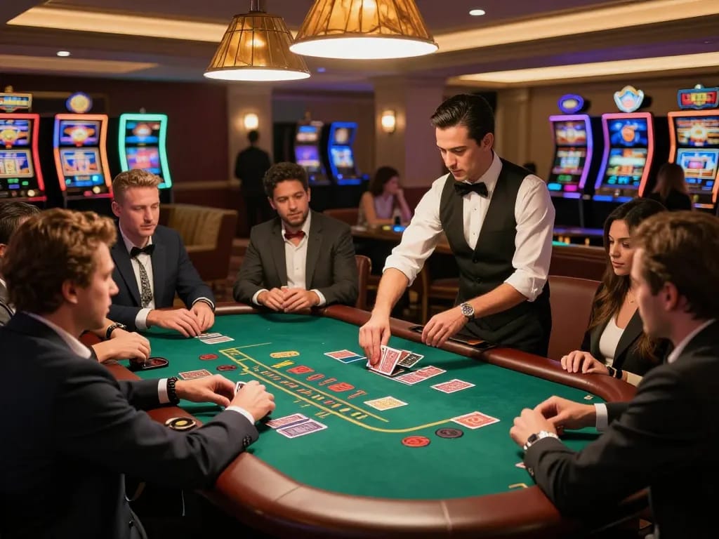 Dewacasino live casino scene with players engaged in dynamic blackjack gameplay, showing dealer skillfully managing cards.