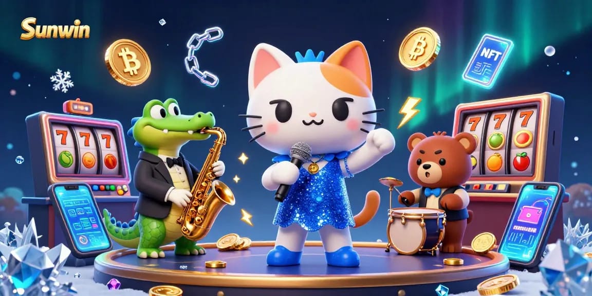 Experience thrilling wins at Sunwin with vibrant casino scenes featuring animated characters and slot games.