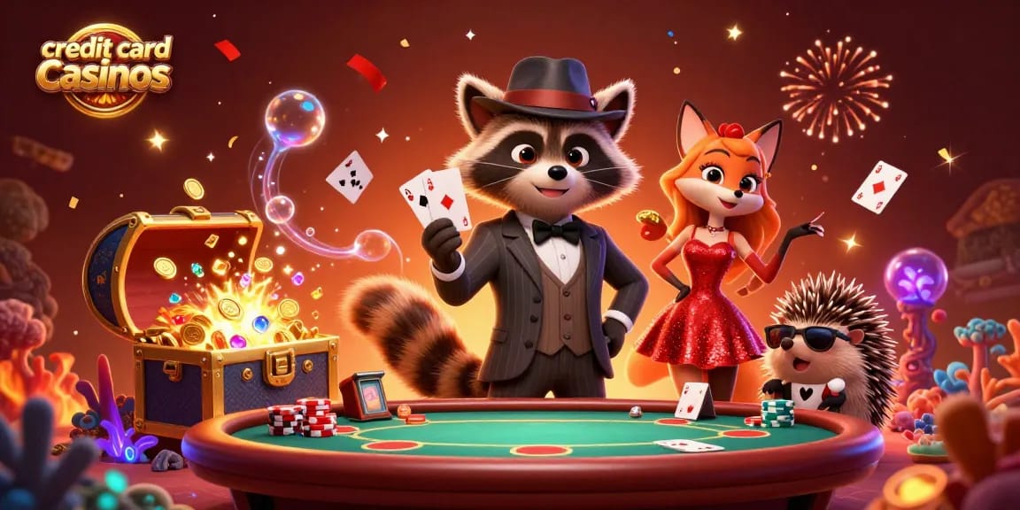 Experience thrilling card play at credit card casinos with animated characters celebrating exuberantly.