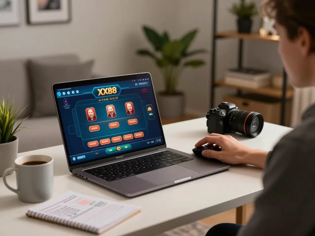 Player engaging with the XX88 online casino platform from a cozy home workspace, showcasing strategic gaming.