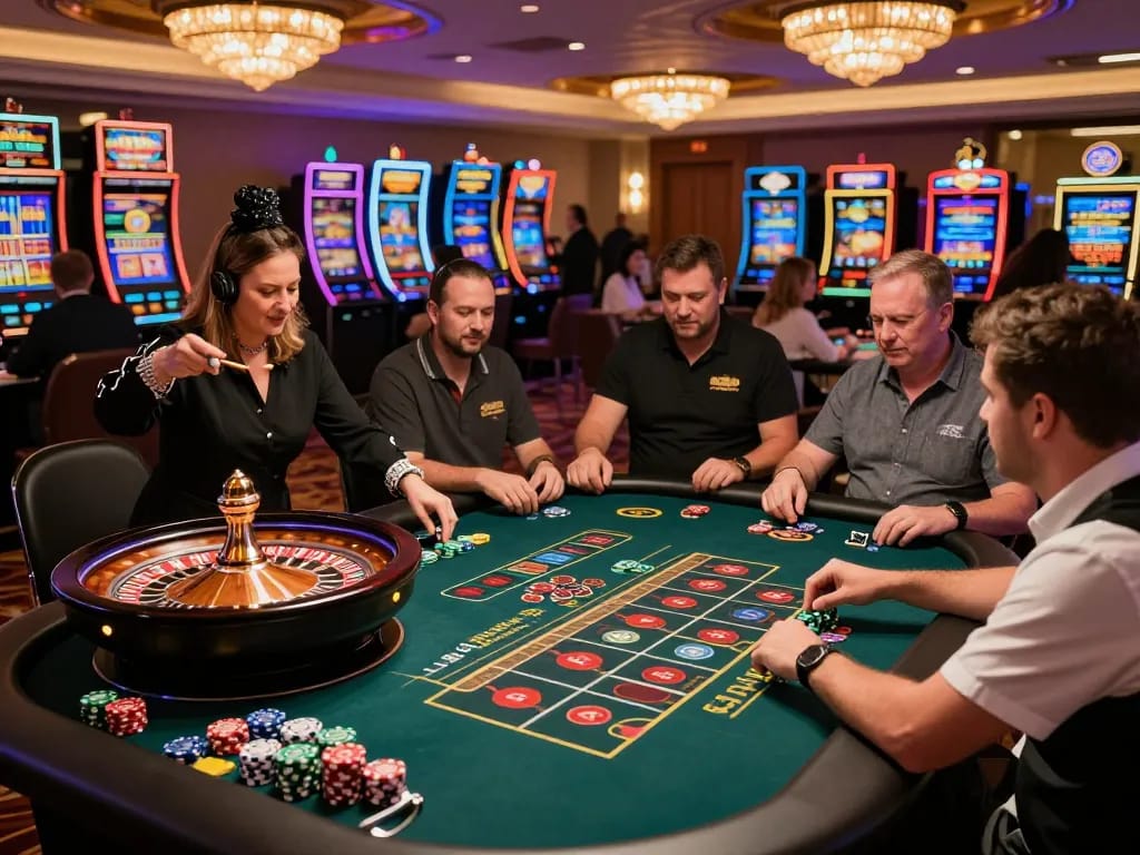 Engaged players at LV88 roulette table assessing bets on a vibrant casino floor