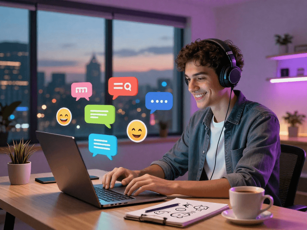Engaging in ai chat porn through a vibrant virtual workspace featuring a person smiling while interacting with a laptop and colorful chat icons.