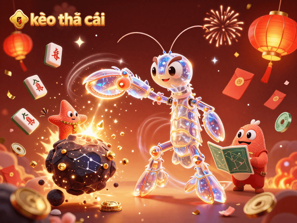Engage with kèo nhà cái in a vibrant 3D casino scene bursting with treasures and festive elements.