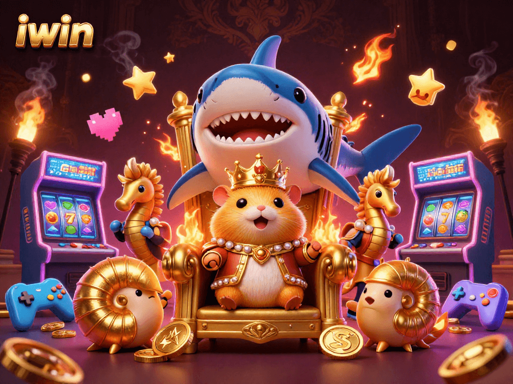 Experience the iwin casino kingdom with a golden hamster king on a shark throne amidst vibrant gaming elements.