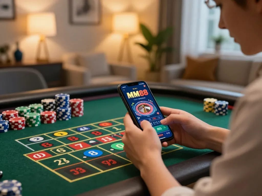 Person placing bets on the MM88 app while playing roulette at home, cozy gaming moment filled with excitement