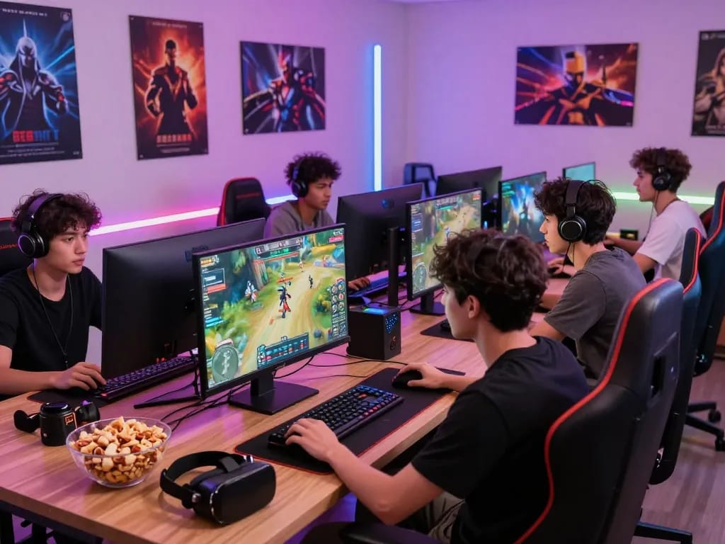 Engaged friends enjoying MM88 gaming experience in a colorful studio setup.
