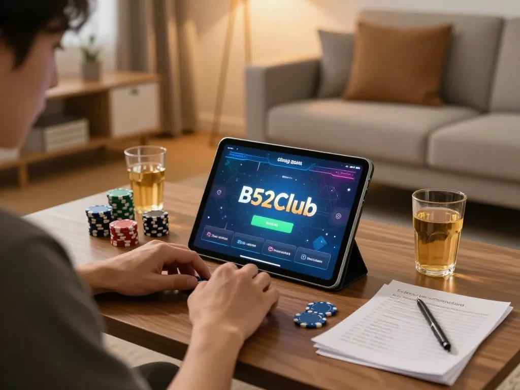 Cổng game B52Club user enjoying online gaming strategy in a cozy home environment.