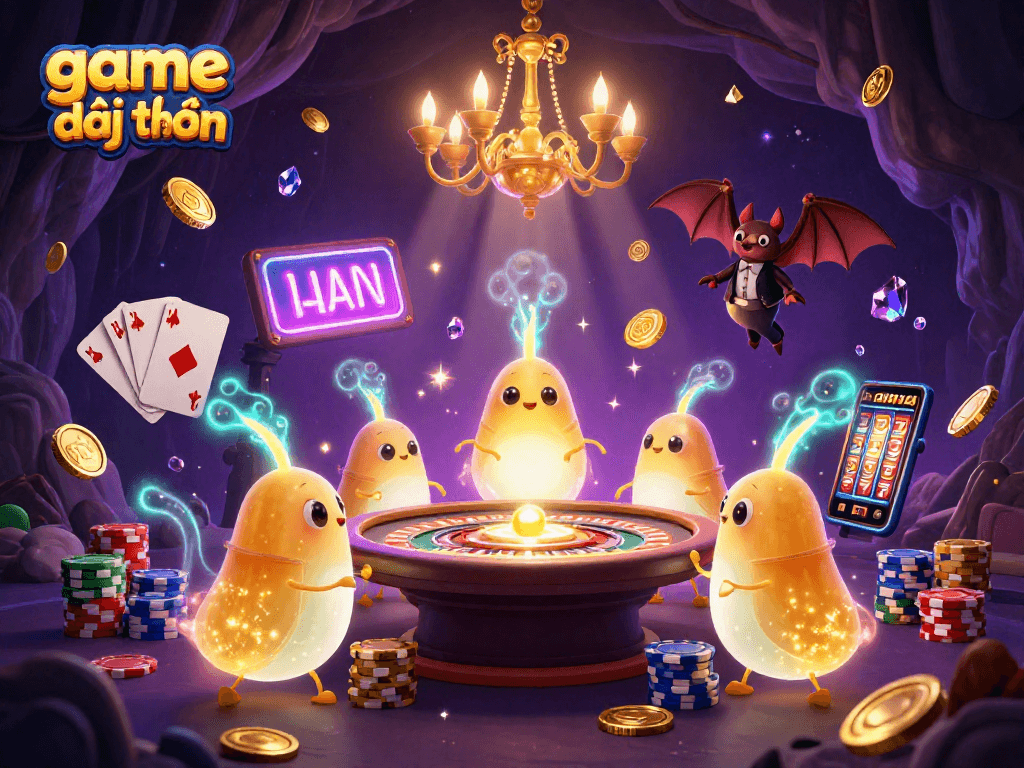 Experience thrilling game đổi thưởng action with vibrant glowworms and a bat dealer in this dynamic casino scene.