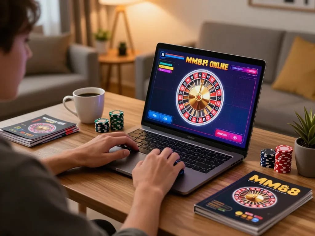 Engaging online gaming session at MM88 with a player focused on roulette strategy at a stylish desk.