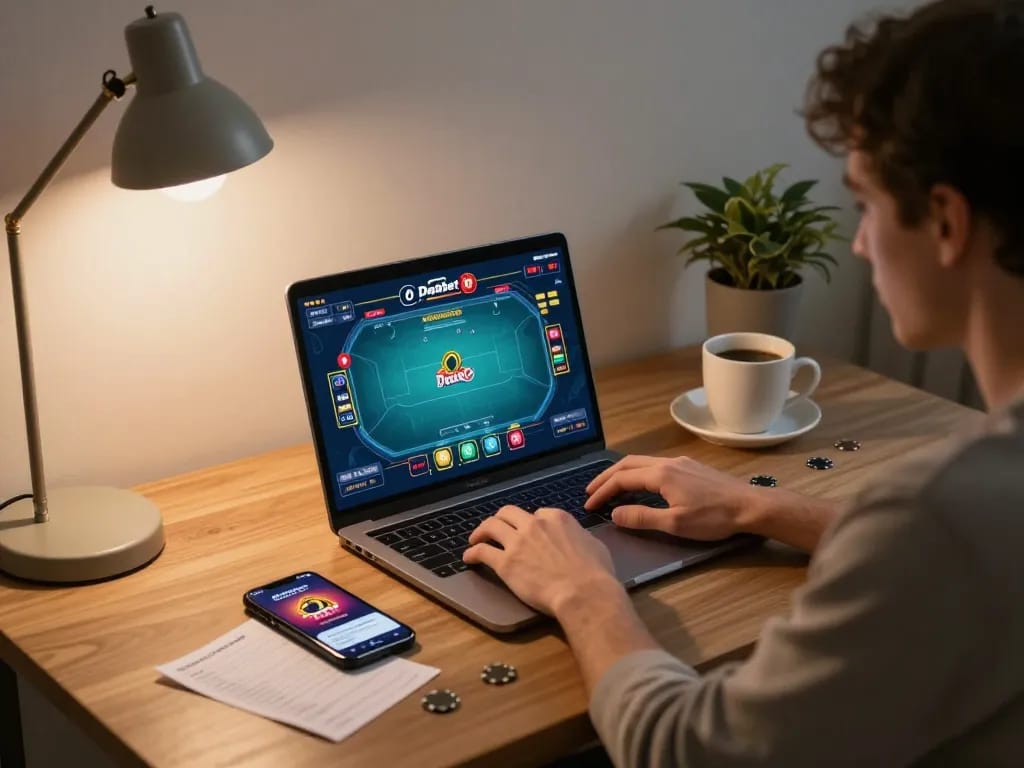 Dafabet online gaming session with a player focused on poker on a laptop in cozy home environment.