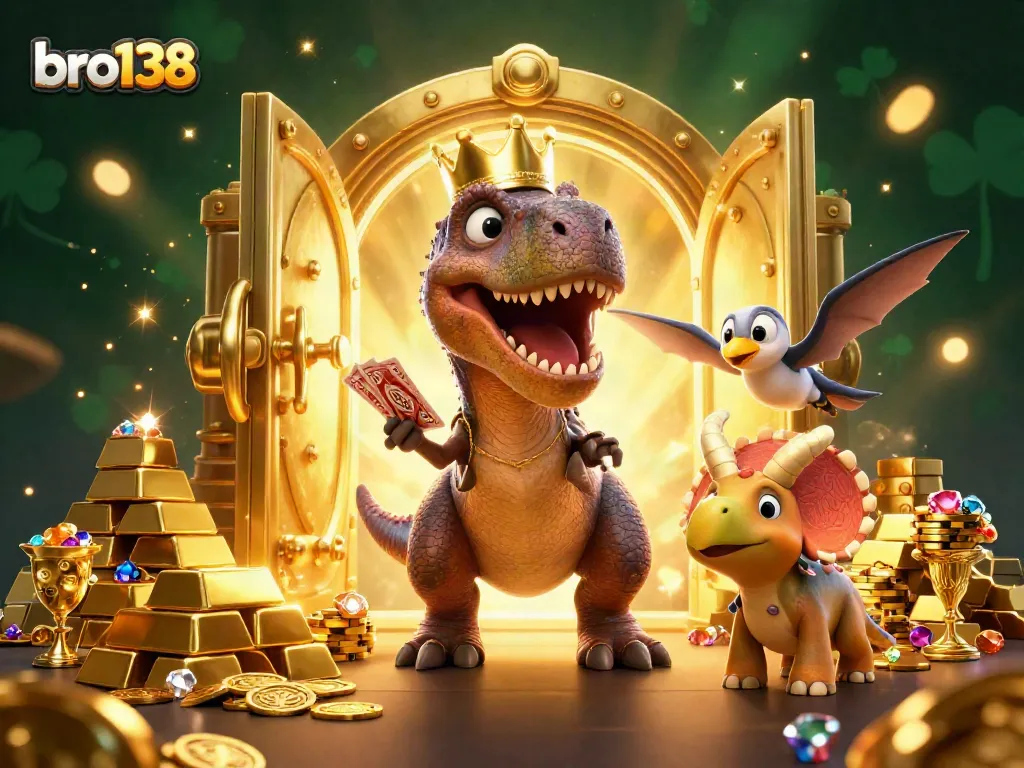 Engage with bro138 as a colorful T-Rex deals cards with a pterodactyl, cheerful casino vibes.