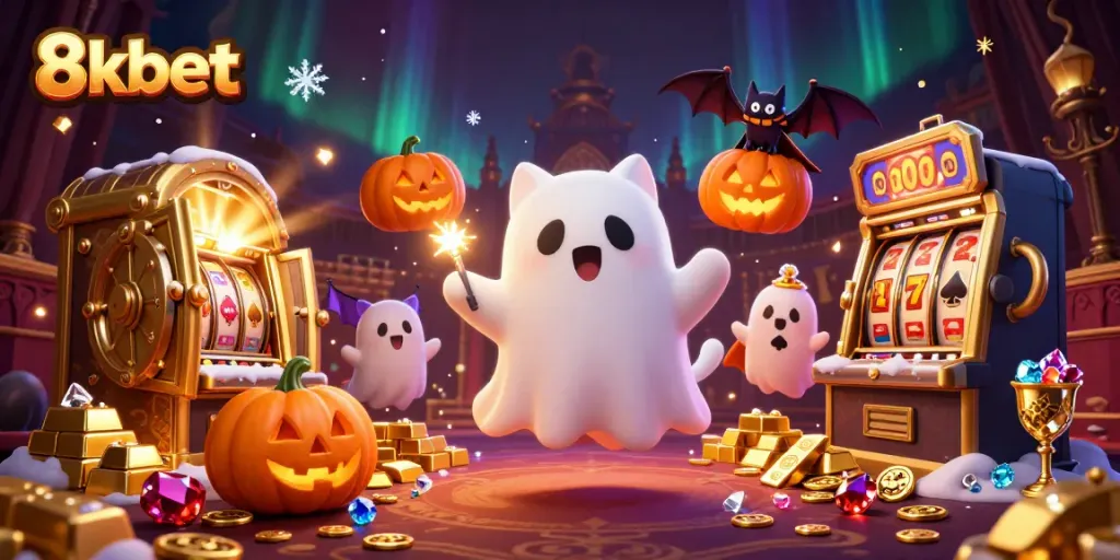Engage in the thrill of 8xbet gaming with mesmerizing ghost cat and bat characters in a haunted casino