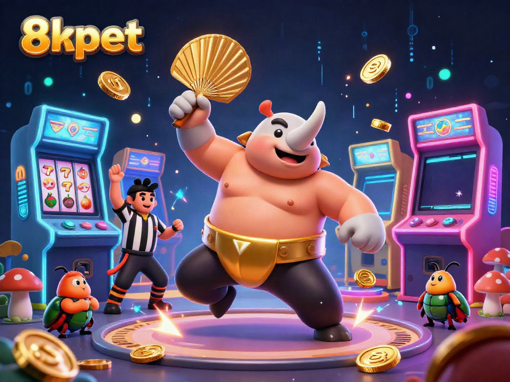 Experience the thrill of 8xbet with a dynamic beetle sumo wrestling scene filled with coins and colorful slots
