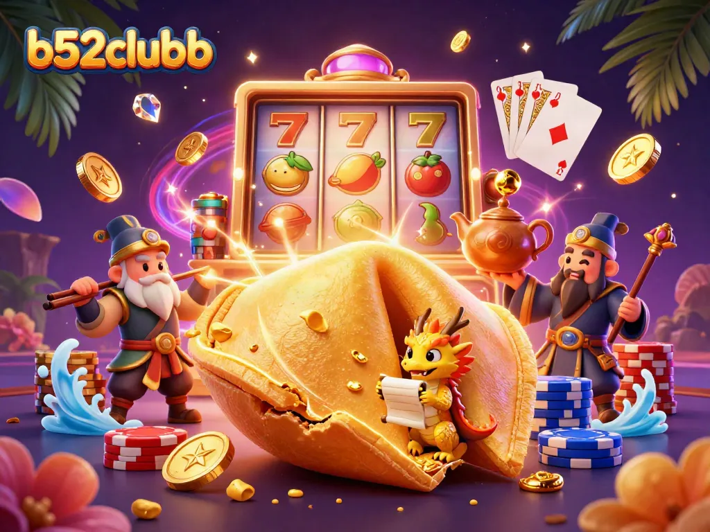 Engage with b52clubb's vibrant casino imagery showcasing lucky slot machines and golden treasures.