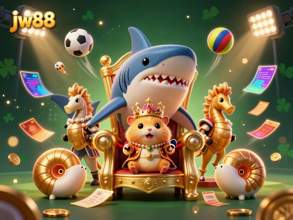 Experience the vibrant world of jw88 with a dynamic underwater casino scene featuring colorful characters and sports elements.