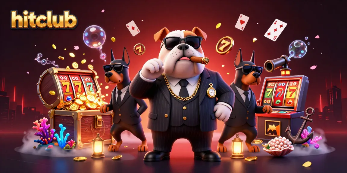 Hitclub showcases a dynamic 3D scene with a mafia bulldog and Doberman bodyguards amidst rich casino elements.