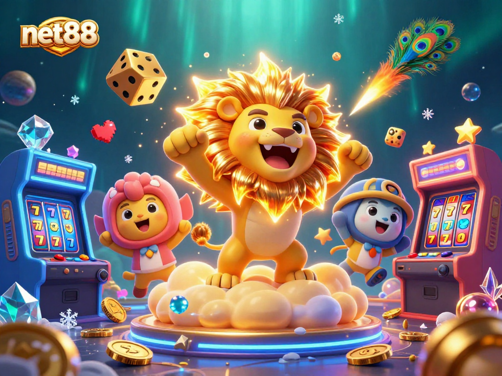 Experience net88 with a 3D cartoon lion, vibrant slots, and dynamic casino action.