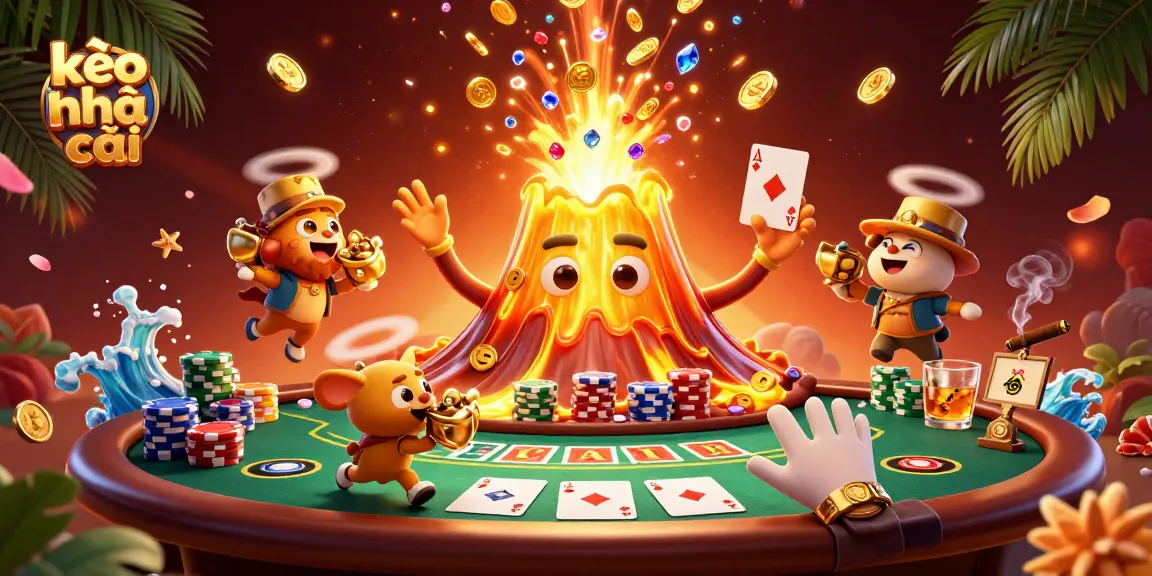 Experience the thrill of kèo nhà cái with a 3D volcano erupting coins, poker action, and adventurers.