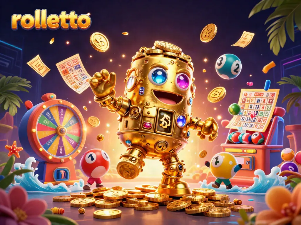 Spin the reels at rolletto while enjoying vibrant lottery balls and lucky symbols in a golden themed celebration.