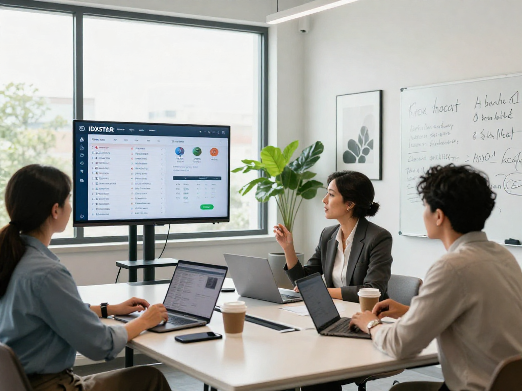 IDXSTAR agent presenting real estate listings in an engaging office environment.