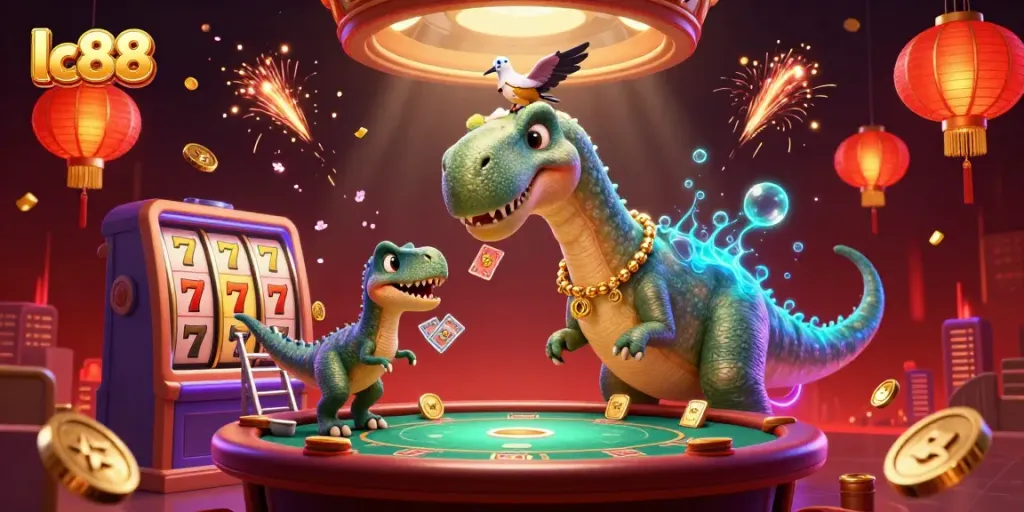 Engage with exciting 3D LC88 casino scene showcasing unique games and captivating characters.