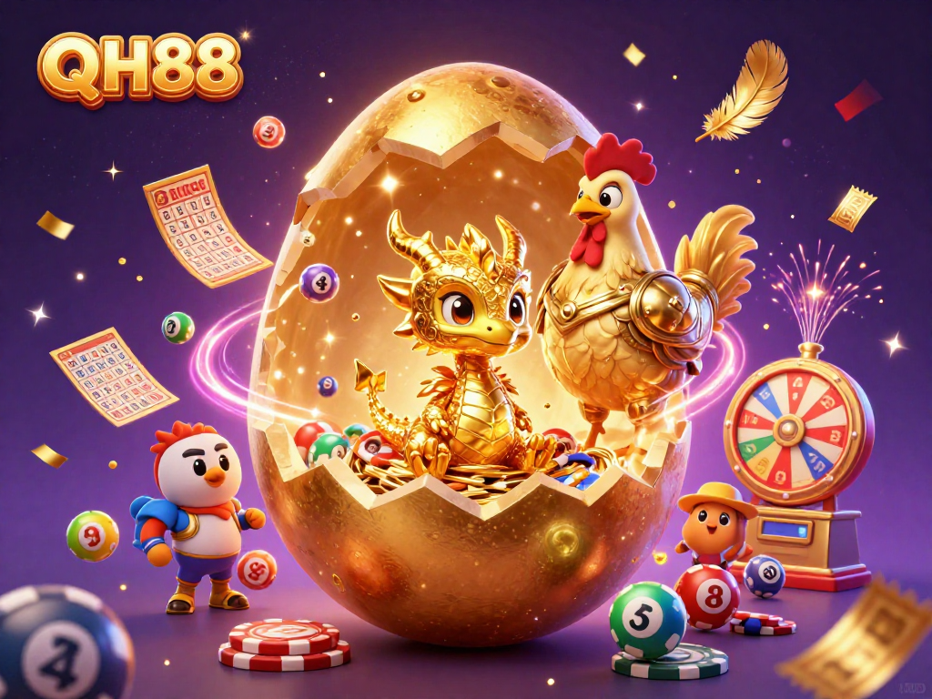 Experience excitement with QH88’s golden gaming scene featuring a dragon and poker chips.