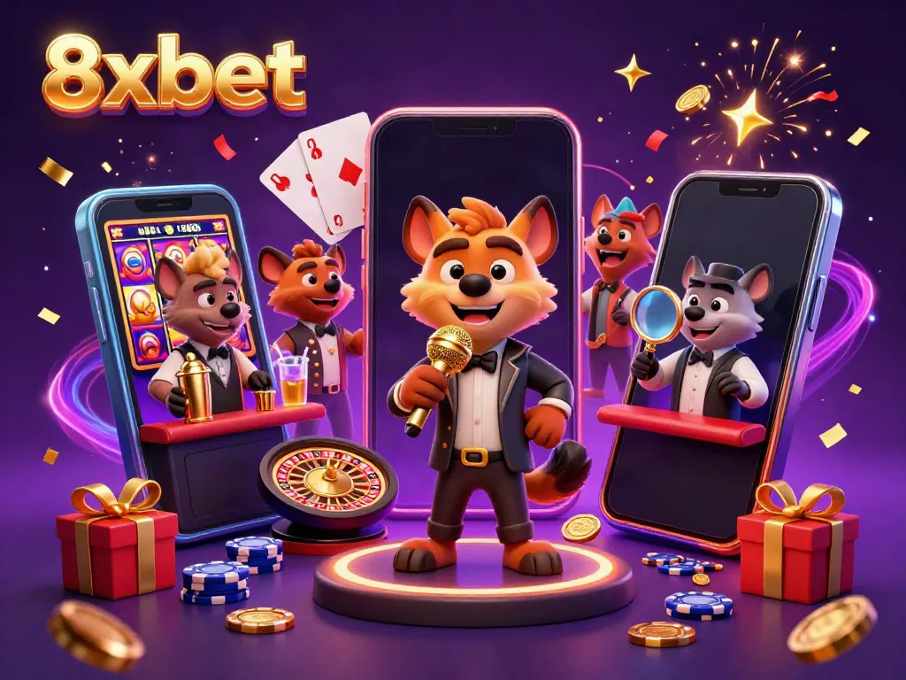 Experience the vibrant comedy casino scene at 8xbet featuring hyenas enjoying games and drinks.