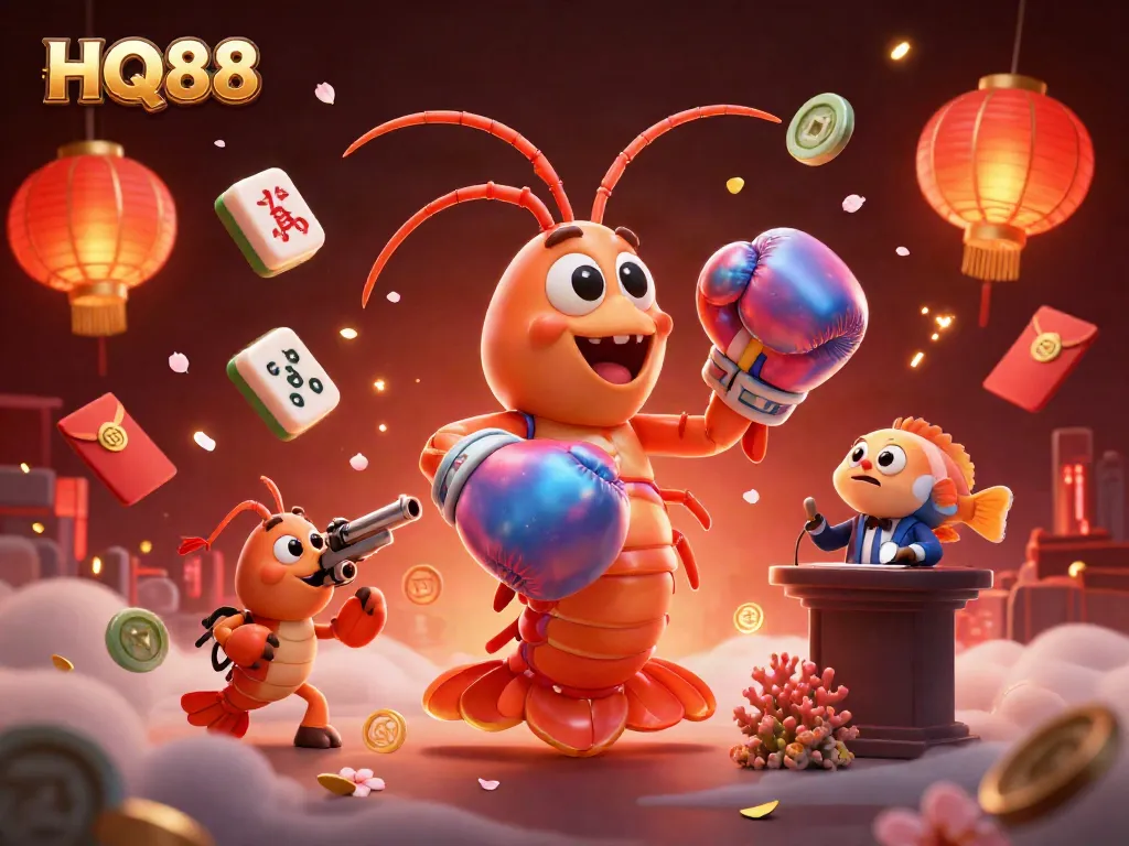 Experience the vibrant HQ88 gaming scene with animated characters and festive casino elements.