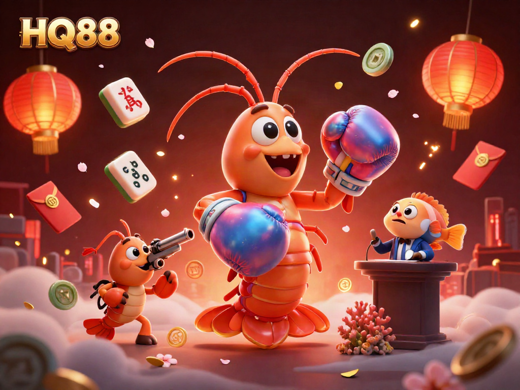 Experience the vibrant HQ88 gaming scene with animated characters and festive casino elements.