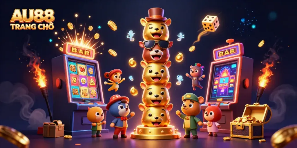 Experience excitement at AU88 TRANG CHỦ with a vibrant 3D casino illustration bursting with action.