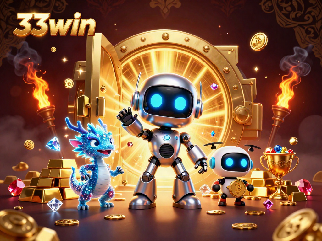 Engage with 33win in this vibrant 3D casino illustration featuring a cyberpunk robot, AI dragon, and bitcoin drone.