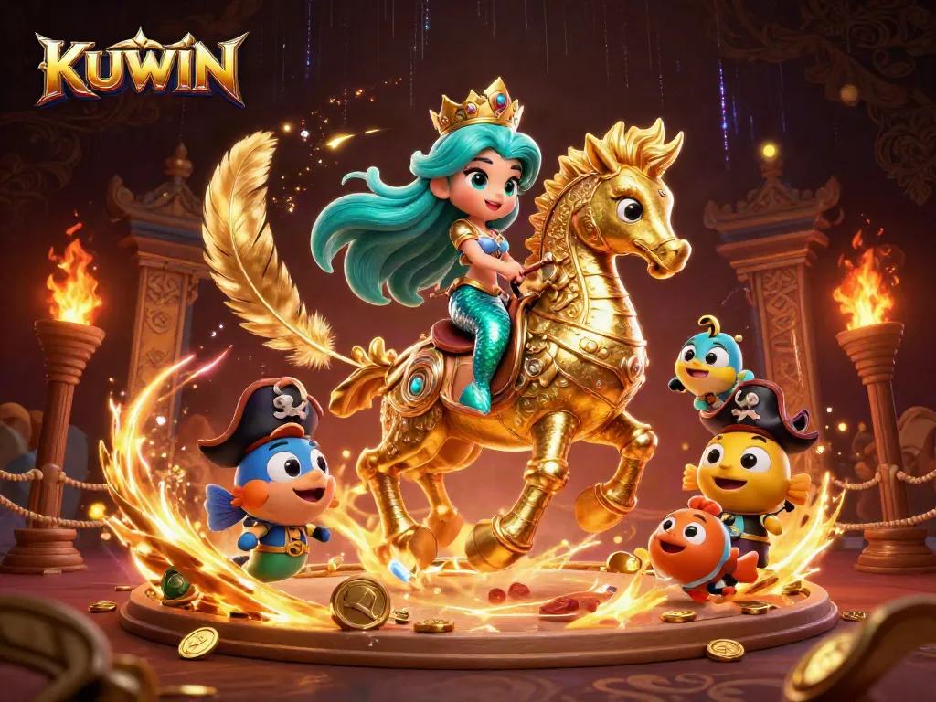 KUWIN engages players with a vibrant 3D cartoon scene of a mermaid princess and gaming elements.