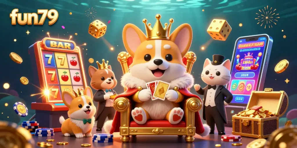 Experience fun79's exciting casino atmosphere with a crowned corgi and vibrant game elements.