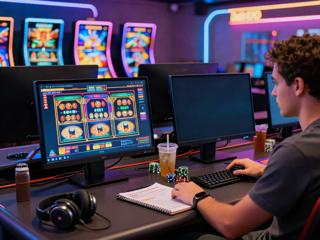 Engaging scene of a player at credit card deposit casinos, enjoying online slots with vibrant lighting and gaming accessories.