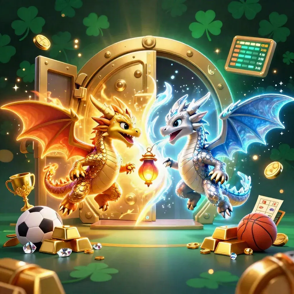 Gold and silver dragons form a glowing yin-yang above an open treasure vault.