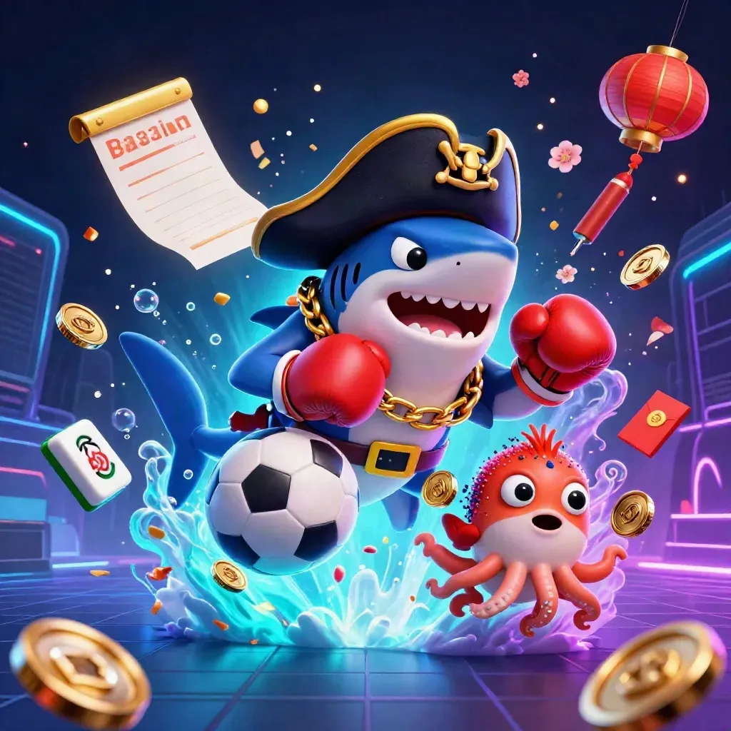 Pirate shark, pufferfish and octopus amid flying coins, balls, lanterns and neon casino glow.