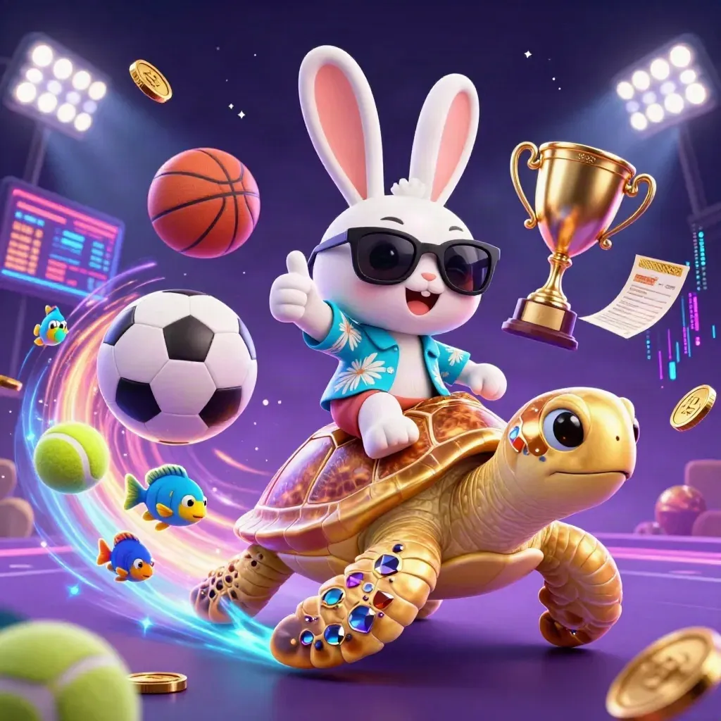 Lucky rabbit on a golden sea turtle, sports balls flying under neon stadium lights.
