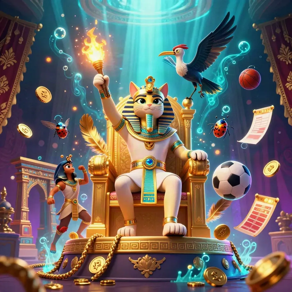 Pharaoh cat on golden throne with ibis scribe, scarabs, coins, sports props, neon casino glow.