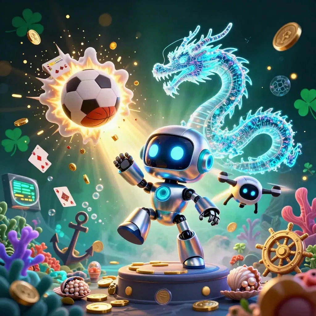 Robot, holographic dragon and coin drone amid soccer ball, coins and casino treasure.
