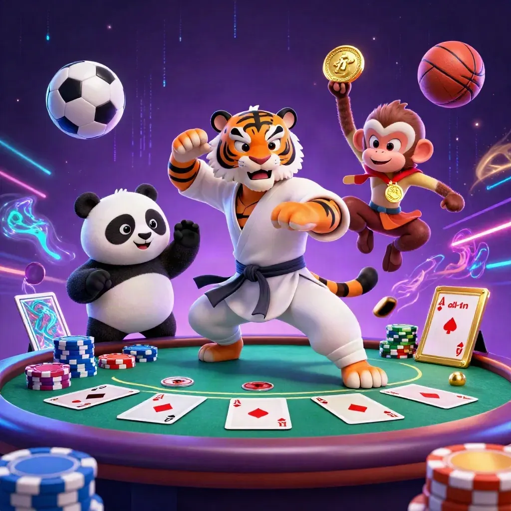 Kung-fu tiger, panda and monkey burst from a neon poker table with sports balls and casino chips.