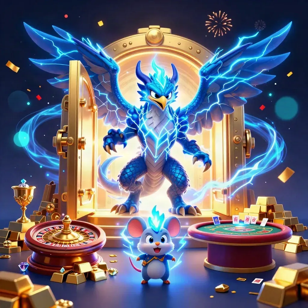 Thunder dragon, wind hawk, and static mouse amid gold, lightning, and casino luxury