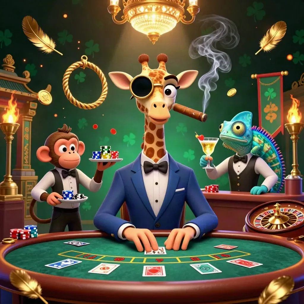 Giraffe high roller, monkey valet and chameleon bartender in a luxe casino tableau.