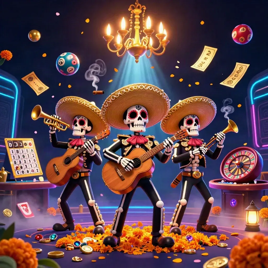 Day-of-the-Dead mariachi skeleton trio amid casino glow, spinning wheels, petals and gold